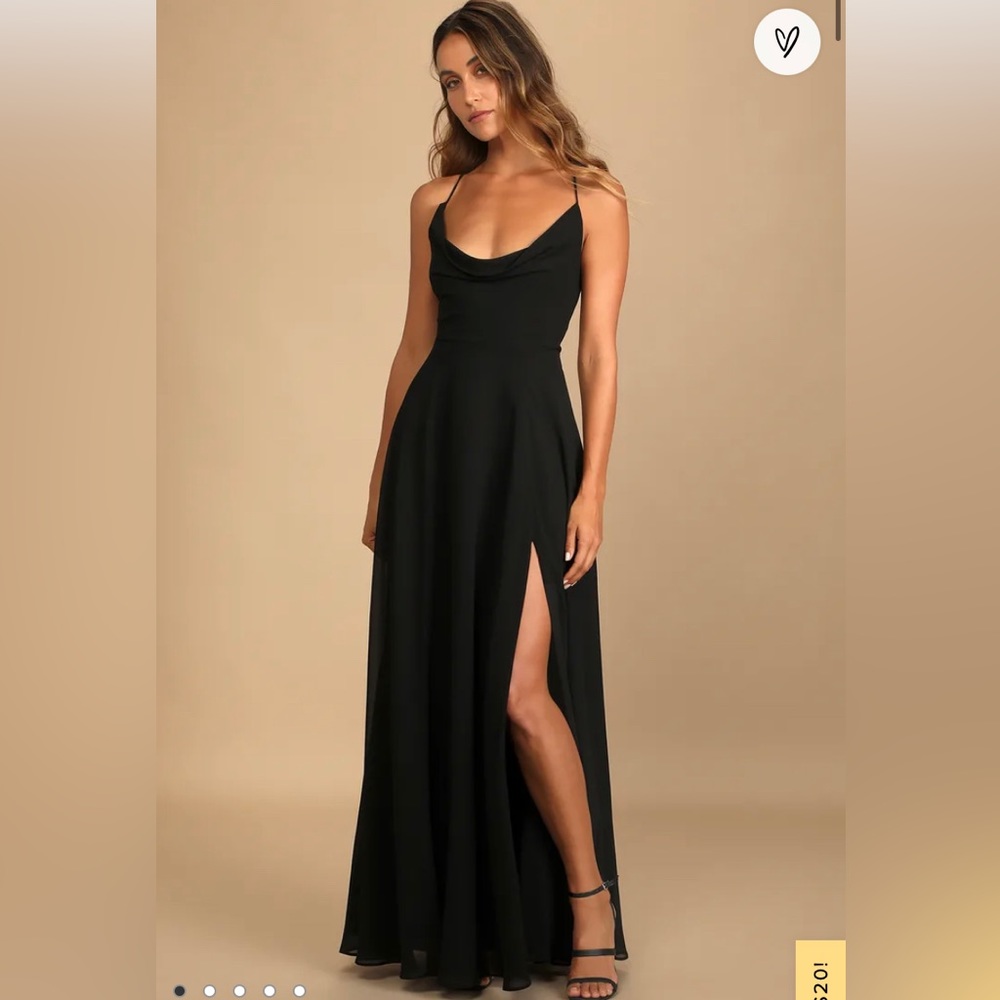 Lulu’s black floor length dress with thigh high slit size small. NWOT!